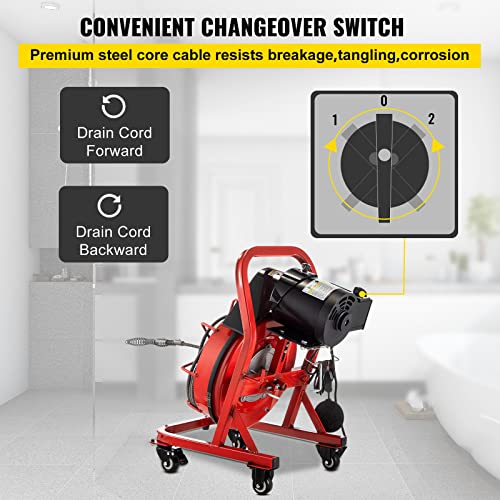 VEVOR Electric Drain Auger, 75' x 3/8", 250W Drain Cleaner Machine Fit 2''- 4'' Pipes, Hair Catcher for Kitchen Sink, Bathroom Tub, Toilet Clogged, Drains Dredge, Foliose Sewers