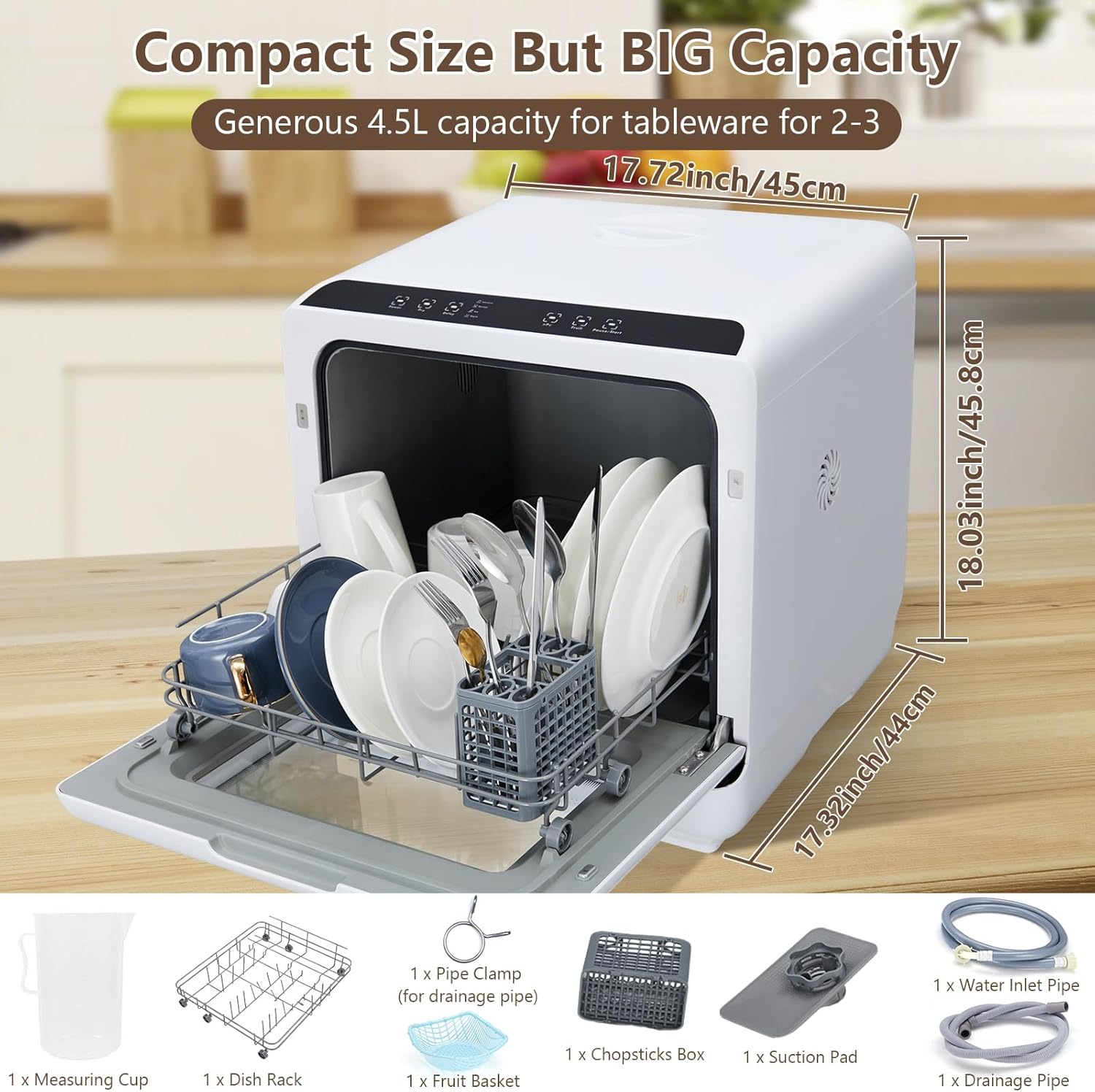 Countertop Dishwasher, Portable Dishwashers with 4.5L Built-in Water Tank, 5 Washing Programs & Air-Drying Function, 360° Dual Spray Arm, Mini Dishwasher Dish Washer for Apartments RVs, White