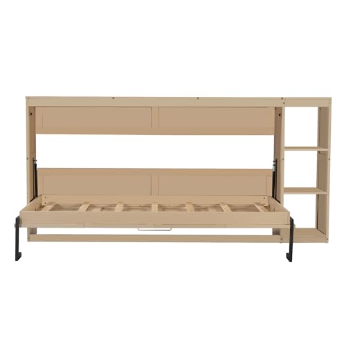 Wooden Murphy Cabinet Bed Frame with Charging Station, Full-Size Foldable Wall Bed with Large Storage Drawer for Home Apartment Limited Living Places, Space-Saving Hidden Bed No Box Spring Needed