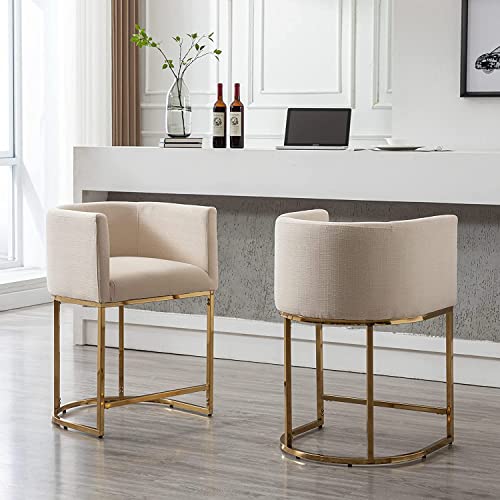 Contemporary Cream Linen Bar Stools Set of 3, 29" Upholstered Fabric Counter Height Barstools Kitchen Counter Island Stools with Screwed Together Golden Metal Base