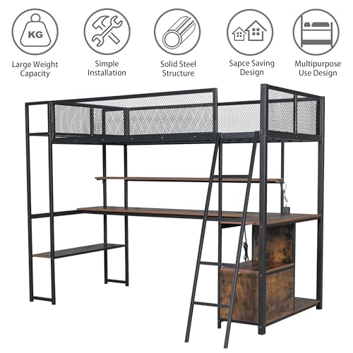 Full Size Loft Bed with Desk and Stairs,Metal Gaming Loft Bed Full with Wardrobe and Shelf, High Loft Bed with LED & USB Charging Station for Teens, Adults, Space Saving Design,Black