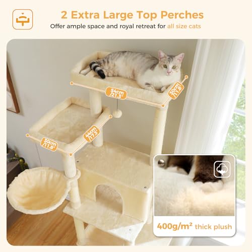 PAWZ Road Large Cat Tree, 73 Inches Tall Wooden Cat Tower with 2 Spacious Hammocks,2 Big Top Beds,8 Fully Scratching Posts and Natural Wood Posts, Multi Cat Tree for Indoor Cats Large Adult-XL