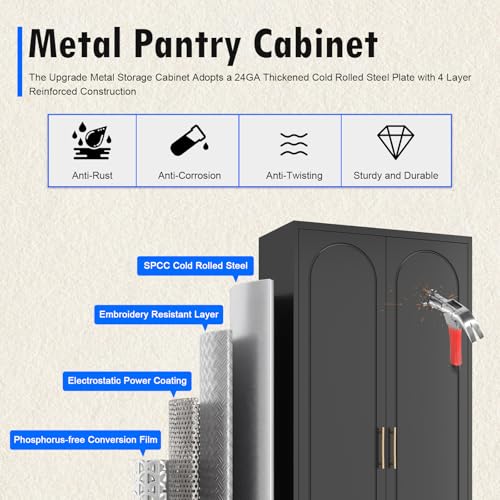 Metal Storage Cabinet with Doors and Shelves, 71 Inch Tall Kitchen Pantry Cabinet, Pantry Cabinets for Kitchen Storage, Freestanding Cupboard for Living, Dining Room, White, Assembly Required