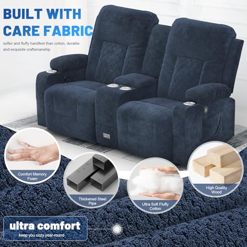 YONISEE Fabric Loveseat Recliner, Reclining Loveseat Sofa with Storage Console, Recliner Chair with USB Ports, 2 Cell Phone Holders, Cup Holder, Loveseat Couch for Living Room (Grey)