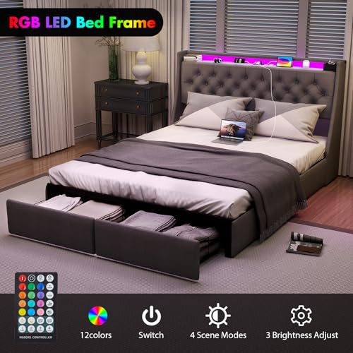 Full Size Bed Frame with 4 Storage Drawers and LED Lights, Upholstered Wingback Linen Tufted Headboard with Charging Station, Steel Slat Support, No Box Spring Needed, Noise-Free, Easy Assembly, Gray