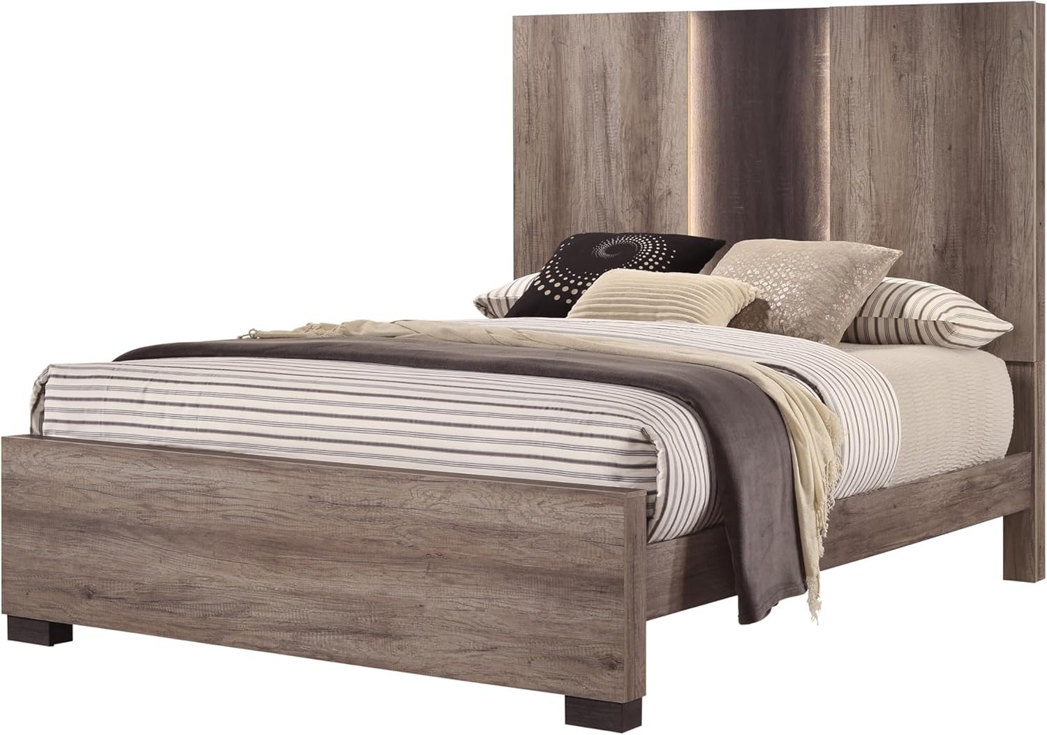 3Pc Beautiful Bedroom Set Brown Gray Two-Tone Finish Queen Size LED Light HB Bed 2X Nightstand Solid Wood Wooden Furniture