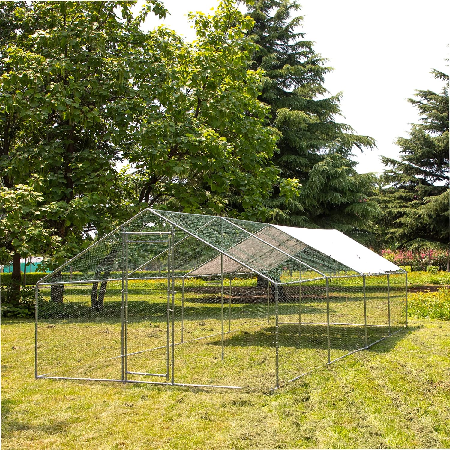 IchbinGo Large Metal Chicken Coop with Waterproof Cover, Walk-in Metal Poultry Cage Spire Shaped Coop, Chicken Run Duck House with Anti-UV Cover for Outdoor Backyard Farm (10' L x 25.5' W x 6.56' H)
