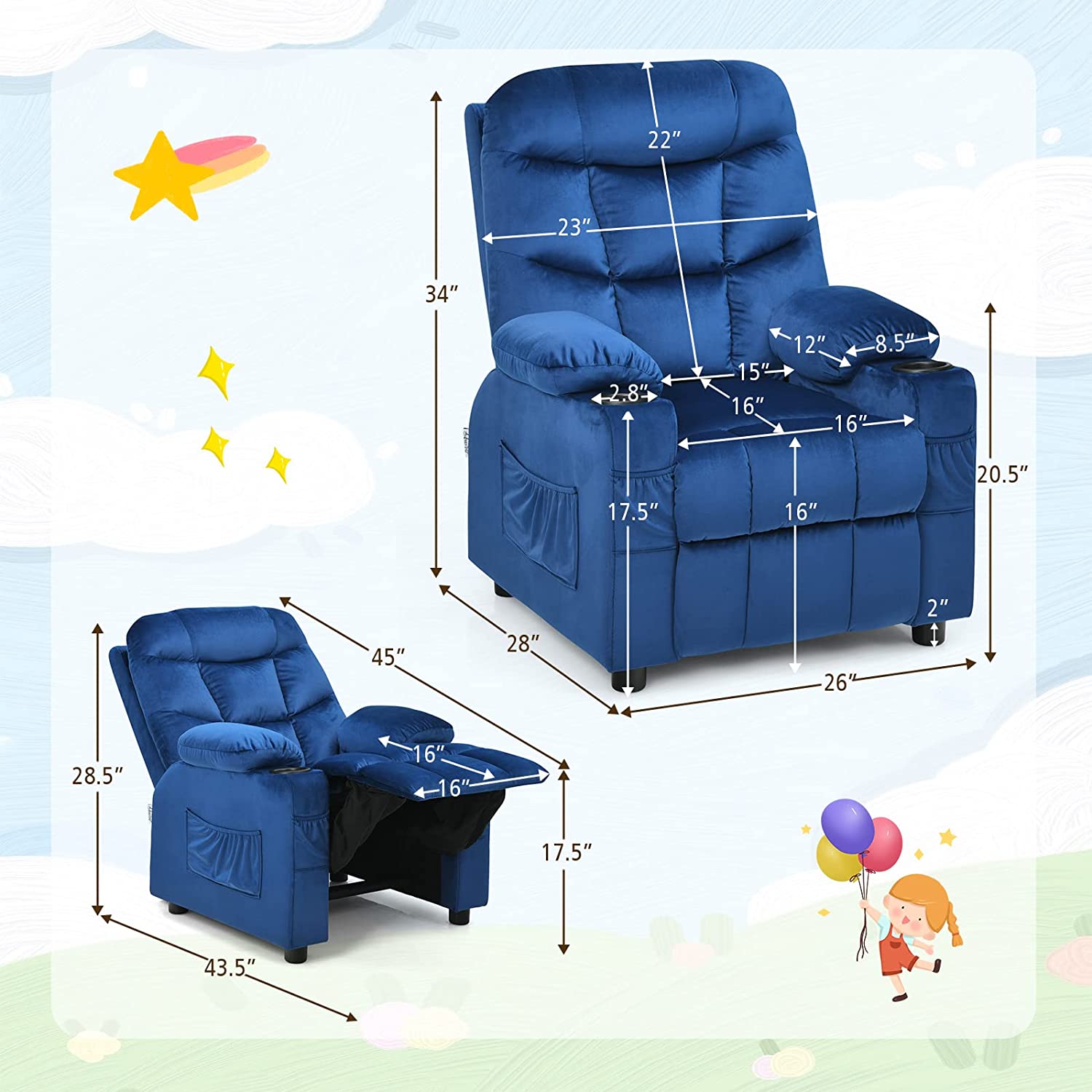 Kids Recliner Chair, Toddler Armchair Upholstered Couch with Cup Holder, Child Furniture for Ages，Adjustable Lounge Recliner，Blue