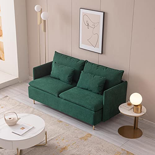 Mid-Century 2-Seat Loveseat Couch, Love Seats Furniture Cotton Linen Fabric and Gold Metal Legs, Small Sofa for Living Room, Bedroom, Apartment Small Spaces, 63 inch Green