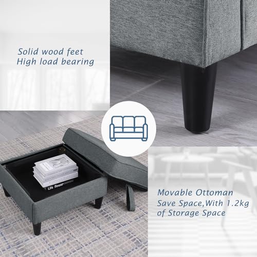 Sectional Sofa for Living Room 76inch Small Space Couches 3 Seater Sofa L shaped Chaise Loveseat Linen Fabric Comfy Couch Chairs with Reversible Ottoman Bench for Home, Apartment, Dorm, Office (Grey)