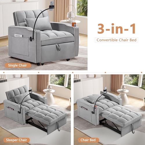 Setawix Convertible Chair Bed Sleeper, Tufted Velvet Pull Out Sleeper Chair with USB Ports & Phone Holder, Adjustable Backrest Armchair with Cup Holder Sofa Chair for Bedroom Living Room, Black