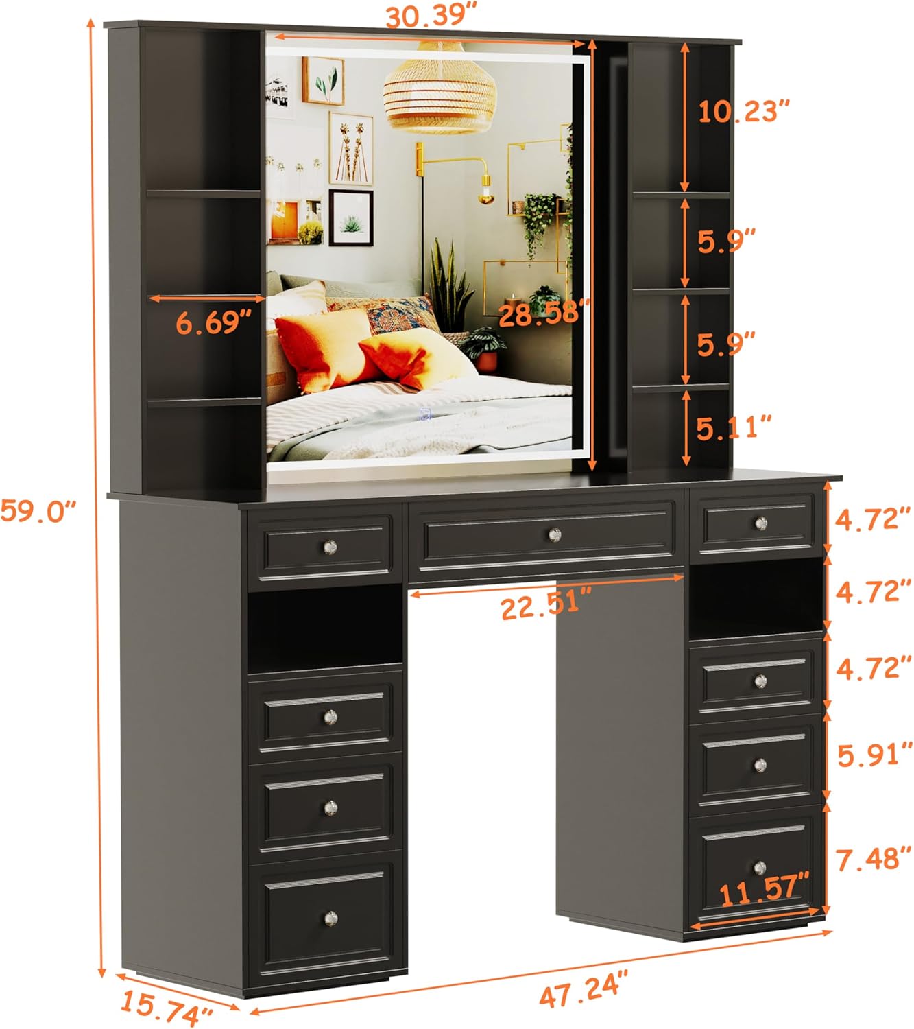 Extra Large Vanity Desk with Lighted Mirror,Huge Desktop Makeup Vanity Table with 9 Drawers,European Style Vanity, Crystal Ball Knobs, Carving Patterns Vanity Makeup Desk for Bedroom(Black)