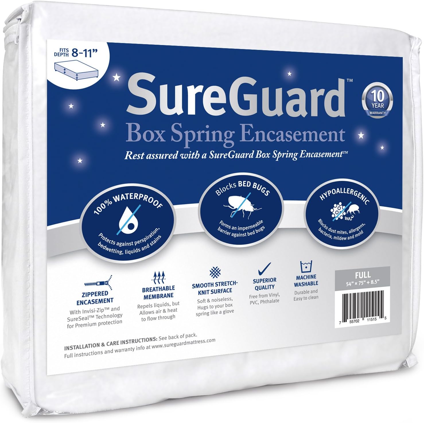 Full Size SureGuard Box Spring Encasement - 100% Waterproof, Bed Bug Proof, Hypoallergenic - Premium Zippered Six-Sided Cover