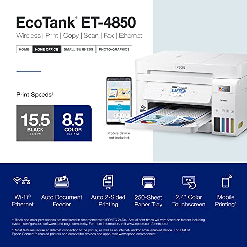 Epson EcoTank ET-4850 Wireless All-in-One Cartridge-Free Supertank Printer with Scanner & Workforce ES-400 II Color Duplex Desktop Document Scanner for PC and Mac