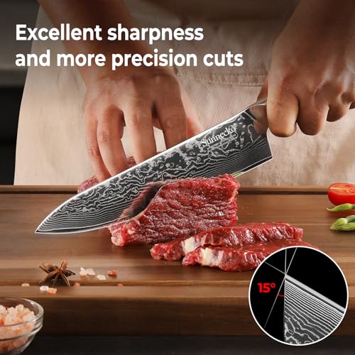 Sunnecko Knife Set with Block, Damascus Chef Knife Set Professional Kitchen Knife Block Set 6-piece Japanese VG10 Stainless Steel Dishwasher Safe
