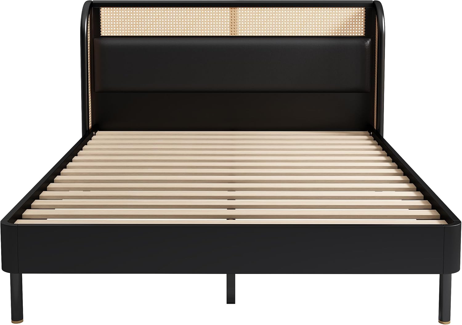 Rattan Platform Bed Queen Size with Wingback Headboard, Mattress Foundation w/Strong Wooden Slats, Modern Queen Bed Frame No Box Spring Needed, No Noise