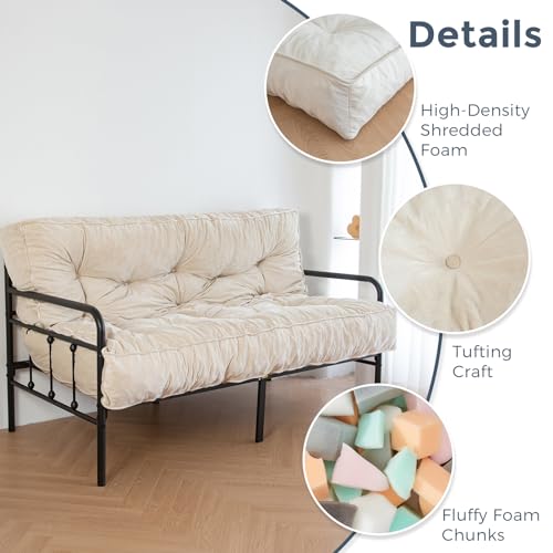 MAXYOYO 8" Futon Mattress Full Size, Extra Thick Futons Sofa Couch Bed, Velvet Floor Mattress for Adults, Shredded Foam Filling (Frame Not Included), Beige