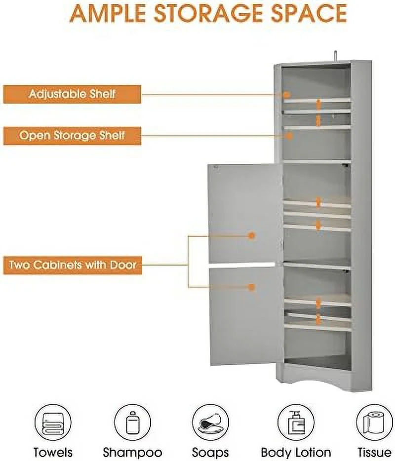 TJUNBOLIFE Corner Cabinet with Doors  Corner Bathroom  Cabinet with 2 Adjustable Shelves  Freestanding Bathroom Floor Corner Cabinet for Kitchen  Bathroom  Living Room (Gray)