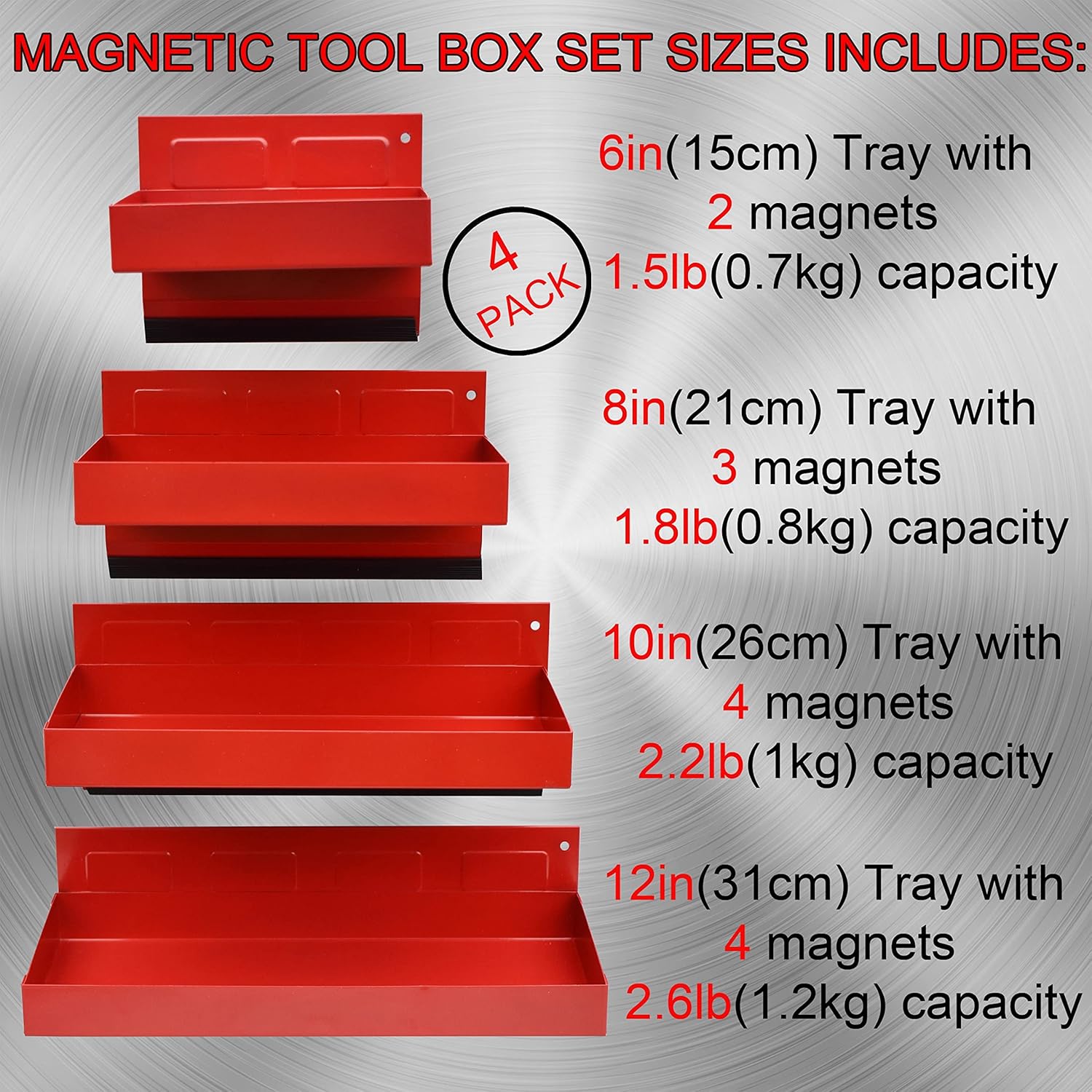Magnetic Shelf 4-Pcs Set - Red Magnetic Tool Trays - Metal Tool Box with Strong Magnets - Magnetic Storage for Toolbox - Tool Box Accessories for Van Workshop Pack of 2