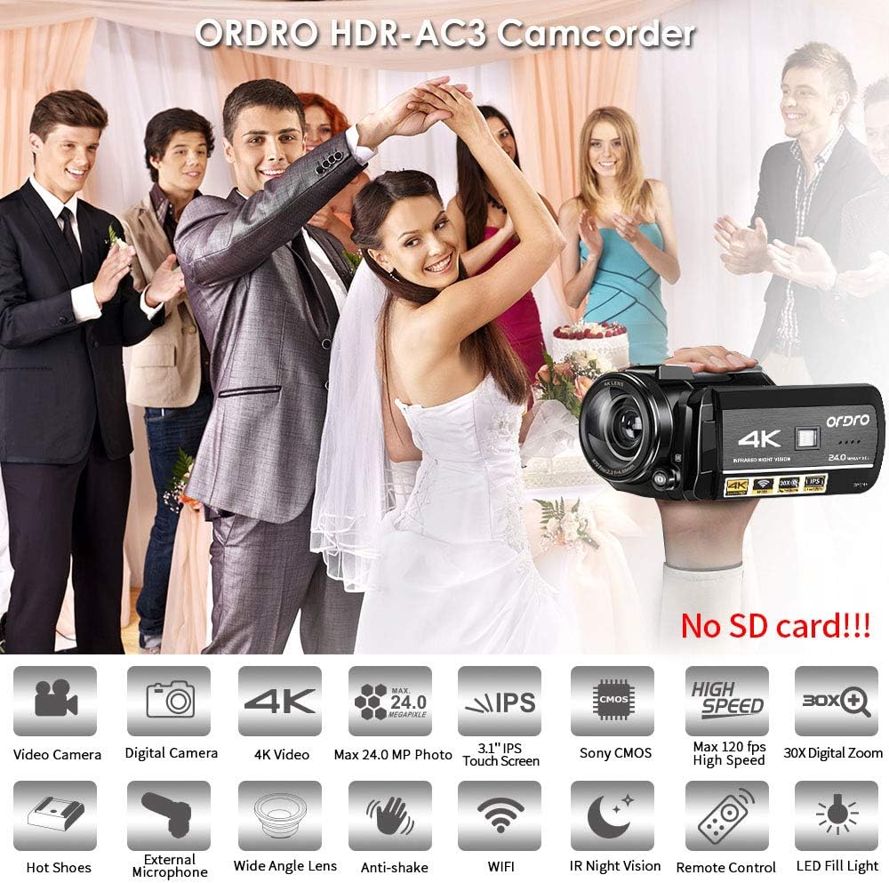 4K Camcorder Vlogging Camera for YouTube ORDRO HDR-AC3 Ultra HD Video Camera 1080P 60FPS IR Night Vision Wi-Fi Camera Recorder Digital Camcorders with Microphone Wide Angle Lens Handheld Stabilizer