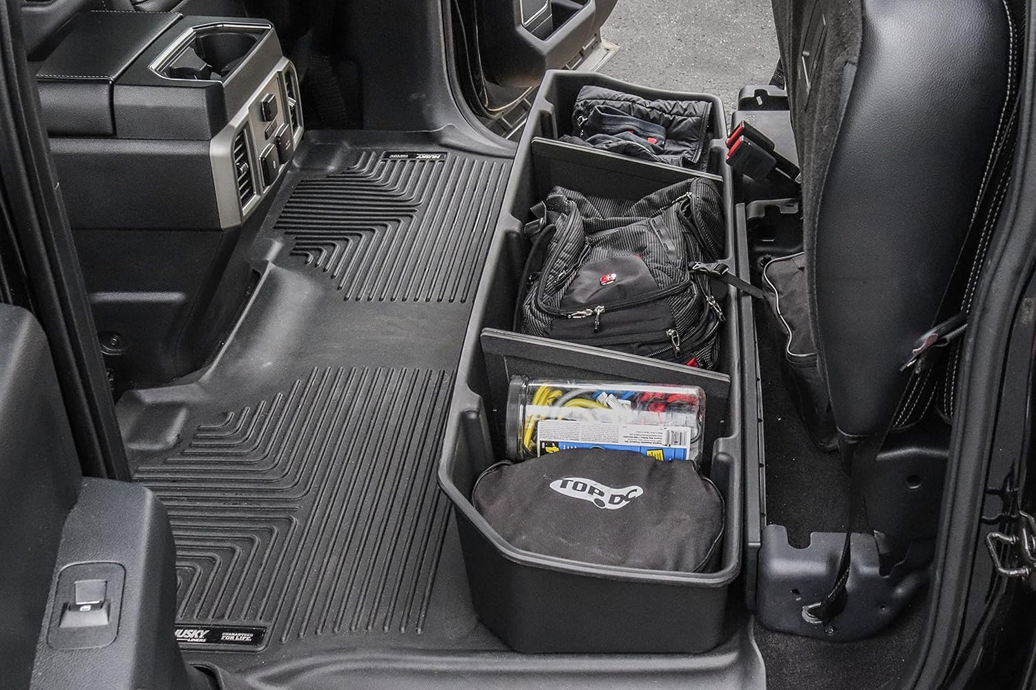 Red Hound Auto Under Seat Storage Box Compatible with Ford F-150 SuperCrew 2015-2022 and SuperDuty F-250 F-350 Crew Cab 2017-2022 Cab Without OEM Underseat Floor Mounted Flip-up Storage System