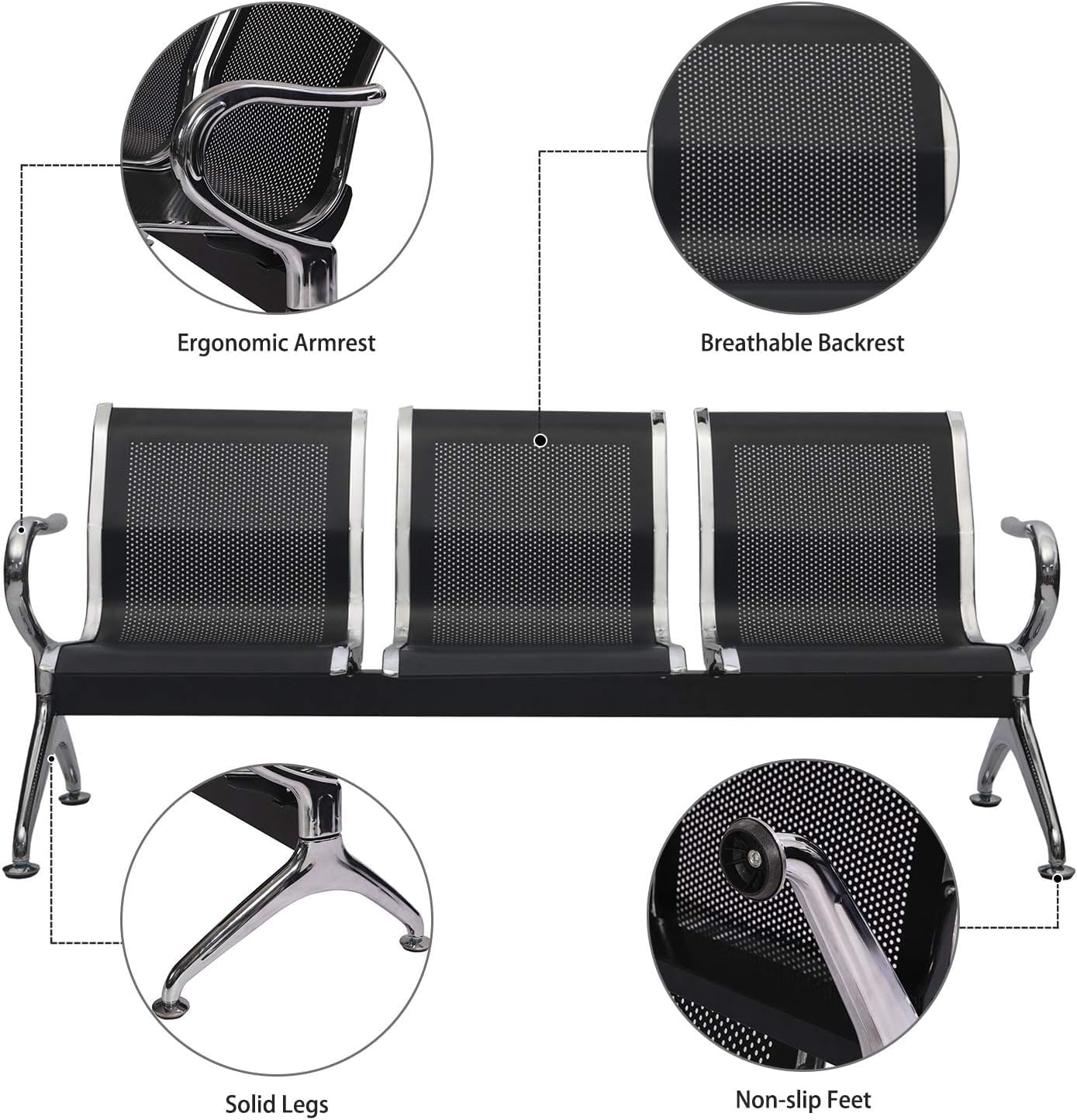 Kinsuite Waiting Room Chairs with Arms - 3-Seat Waiting Room Bench Airport Reception Bench, Lobby Bench Seating Office Bench Waiting Area Chairs for Airport Business Hospital Market, Black