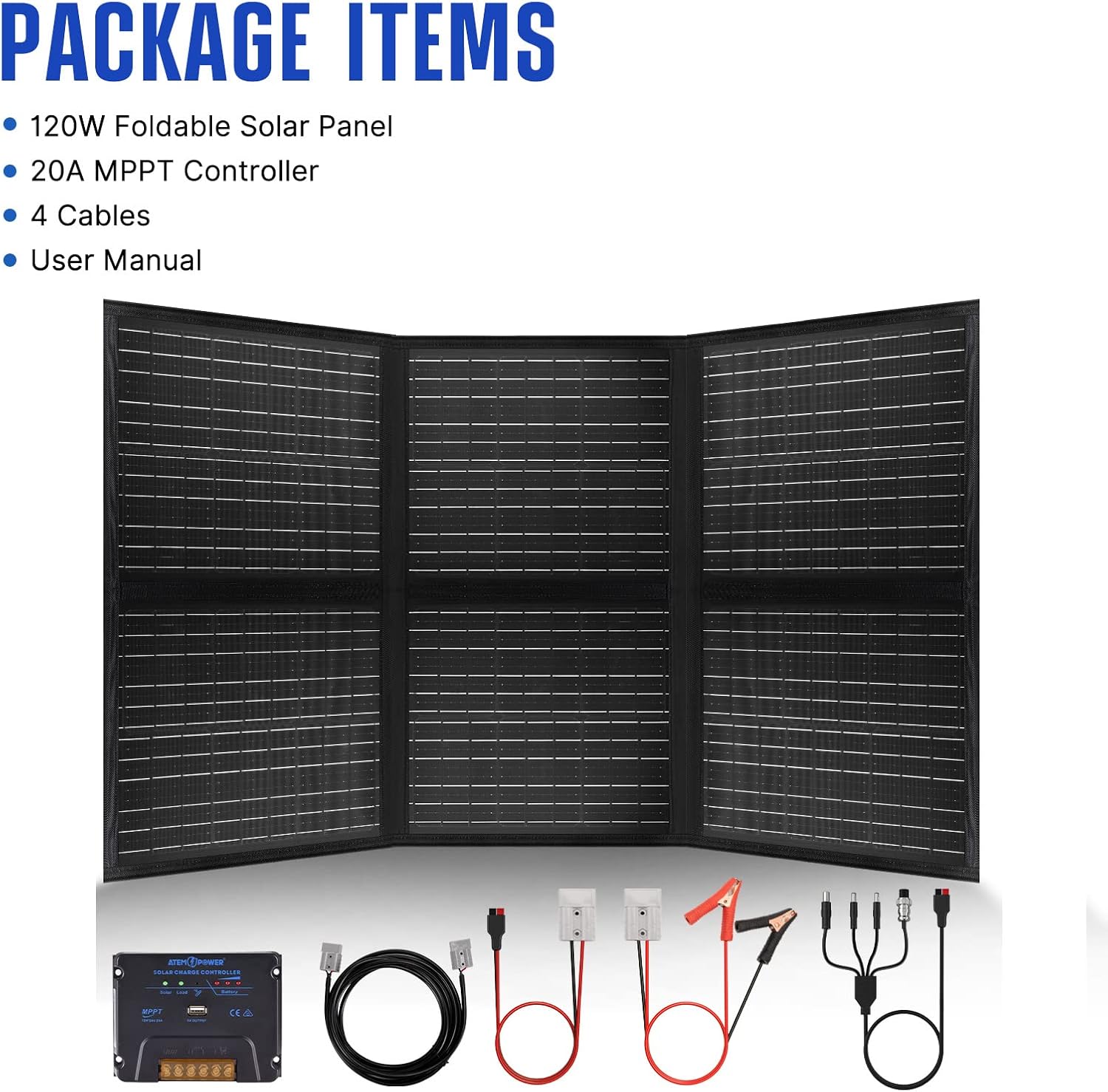 ATEM POWER 200W Portable Solar Panel - Foldable Solar Charger Monocrystalline with 20A MPPT Charger Controller 5V USB Output for 12V Batterires/Power Station Outdoor Camper RV Off Grid