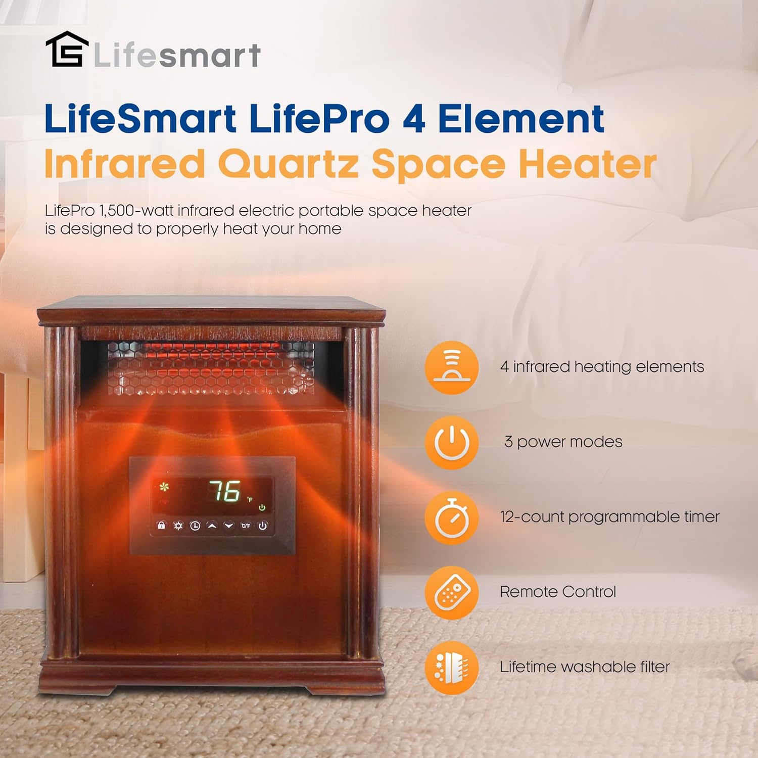 Lifesmart LifePro 1500W Portable Electric Infrared Quartz Space Heater for Indoor Use with 4 Heating Elements and Remote Control, Brown Oak Wood