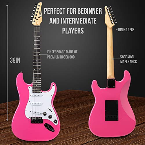 LyxPro 39 inch Electric Guitar Kit Bundle with 20w Amplifier, All Accessories, Digital Clip On Tuner, Six Strings, Two Picks, Tremolo Bar, Shoulder Strap, Case Bag Starter kit Full Size - Red