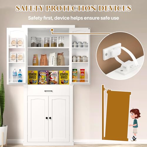 HollyHOME 72" Kitchen Pantry Cabinet, Storage Cabinet with 4 Doors and 1 Drawer, Freestanding Cupboard with Adjustable Shelves and 6 Door Shelves for Kitchen, Dining Room, Living Room, White