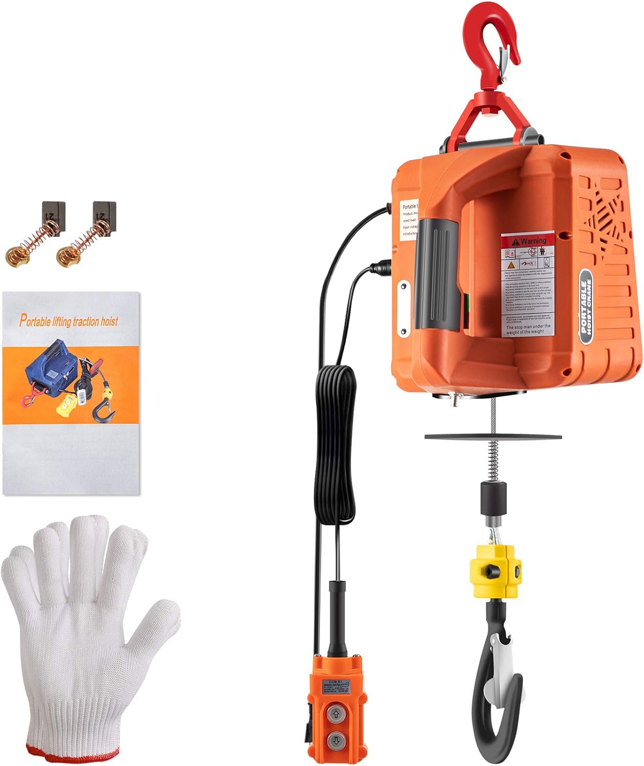 VEVOR Hoist, 1100lbs Portable Electric, 1500W 110V Power Winch Crane, 25ft Height, w/Wire Remote Control and Overload Protection for Garages Warehouse Lifting Towing, Orange