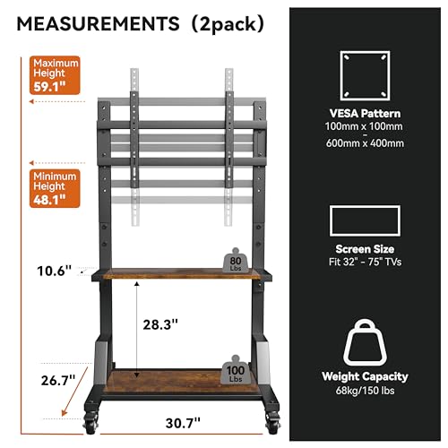 AENTGIU Rolling TV Stand Mobile TV Cart for 32"-75" All Brand TVs, Lockable Portable TV Stand on Wheels with Metal TV Mount & 2 Tier Wood Shelf for Living Room,Bedroom,Office(All Hardware Included)