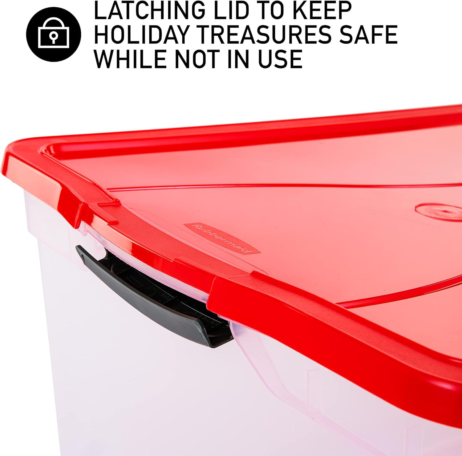 Rubbermaid Cleverstore Clear 71 QT Pack of 4 Holiday Storage Containers, Great for Holiday Decorations, Stackable, Large Capacity, Durable Latching Lids, Clear Bins, Red Lids/Green Handles