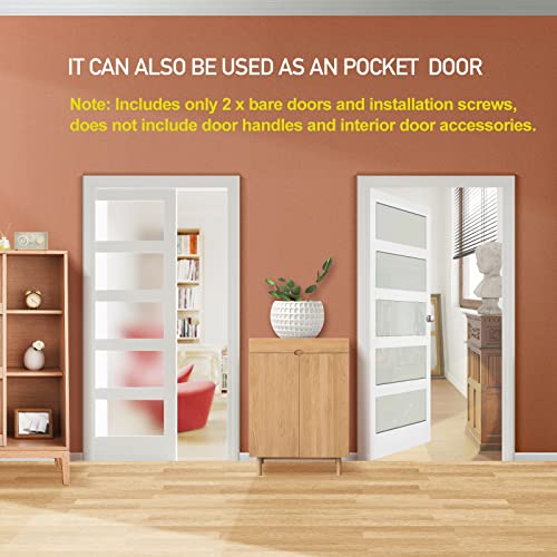 30"x 80" French Interior Slab Door - 5 Lites Tempered Frosted Glass Pantry Door Panels, Closet & Bathroom Single Door, White Primed, MDF - Panel Need to Assembly