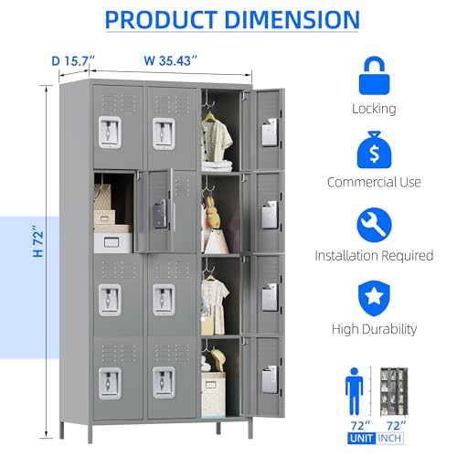 METAN Metal Storage Locker for School Office Gym Bedroom, 12 Doors Locker Cabinet for Employees, Industrial Steel Storage Locker with 12 Hooks, Assembly Required (12 Door-Light Gray)