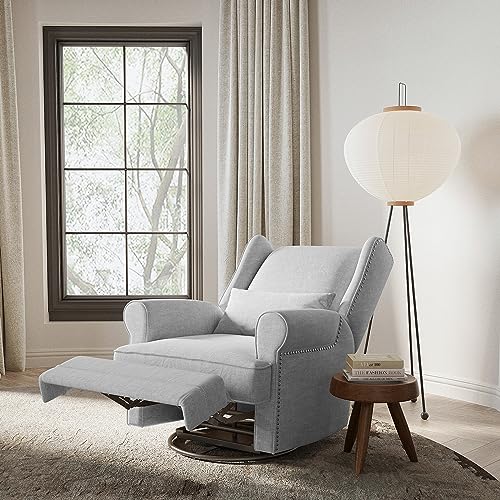 Swivel Nursery Glider Recliner, Comfy Upholstered Glider Chair with Lumbar Pillow and Footrest, Swivel Rocking Chair for Living Room, Beige