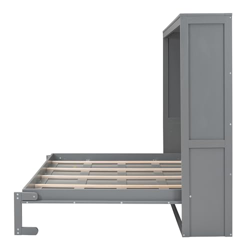 SOFTSEA Queen Size Murphy Bed, Wood Folding Wall Bed for Guestroom Study Office Small Room, Can Be Folding Into A Cabinet, White