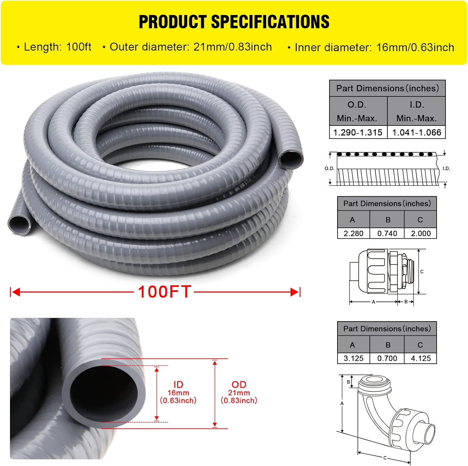 Liquid-Tight Conduit and Connector Kit,Flexible Non Metallic Liquid Tight Electrical Conduit,1/2inch 100ft Electrical Conduit Kit,with 5 Straight and 3 Angle Fittings Included,1/2 in. Dia Pack of 2
