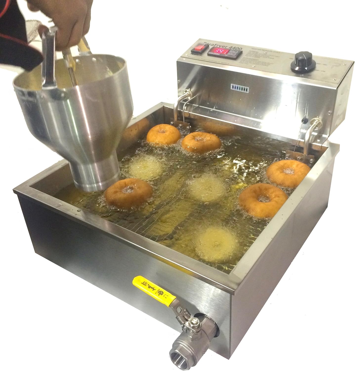 Paragon - Manufactured Fun Funnel Cake Fryer Machine for Professional Concessionaires Requiring Commercial Quality & Construction 25 Pound Oil Capacity 4400 Watts Electric 220 Volt Requires 6-20 Receptacle, Silver, Large
