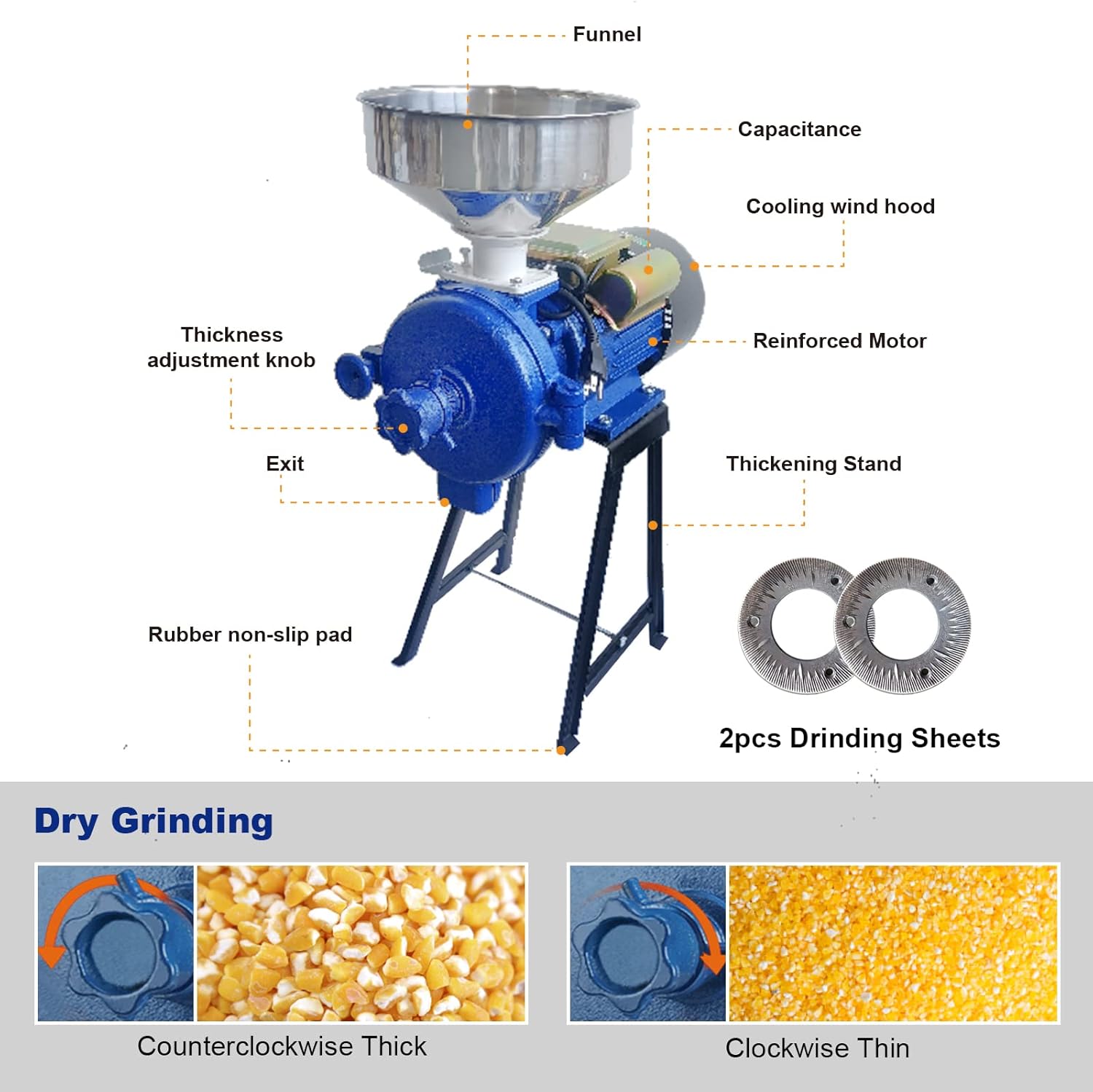 Eachbid Dry Grinder 110V 3000W Electric Grain Mill Corn Grinder, Commercial Feed Wheat Mill Dry Grinder, Heavy Duty Milling Machine Flour Mill Cereals Grinder Rice Corn Grain Coffee Wheat with Funnel