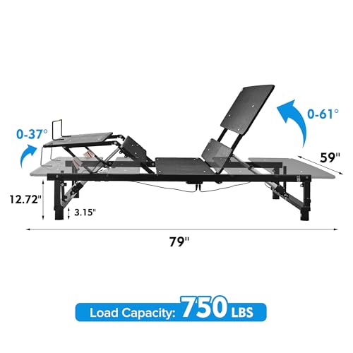 Electric Adjustable Bed Base Frame, Queen Size Bed Frame, Head & Foot Incline, Zero Gravity Lounge Bed, Quiet Motor, Wireless Remote, Black