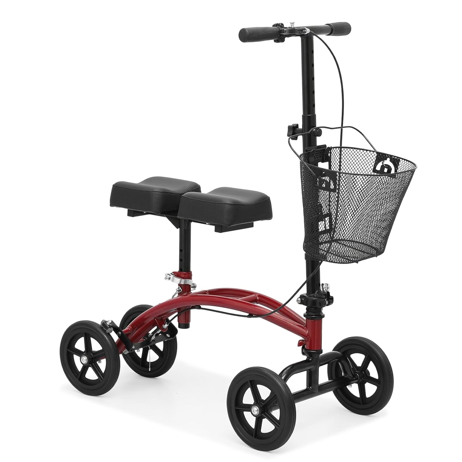 Knee Walker Compact Heavy Duty Roller Scooter Adjust Height 7.5'' Wheels Knee Scooter with Right Handbrake and 15" Length Knee Pad for Ankle and Foot Injured 350lbs Capacity, Red