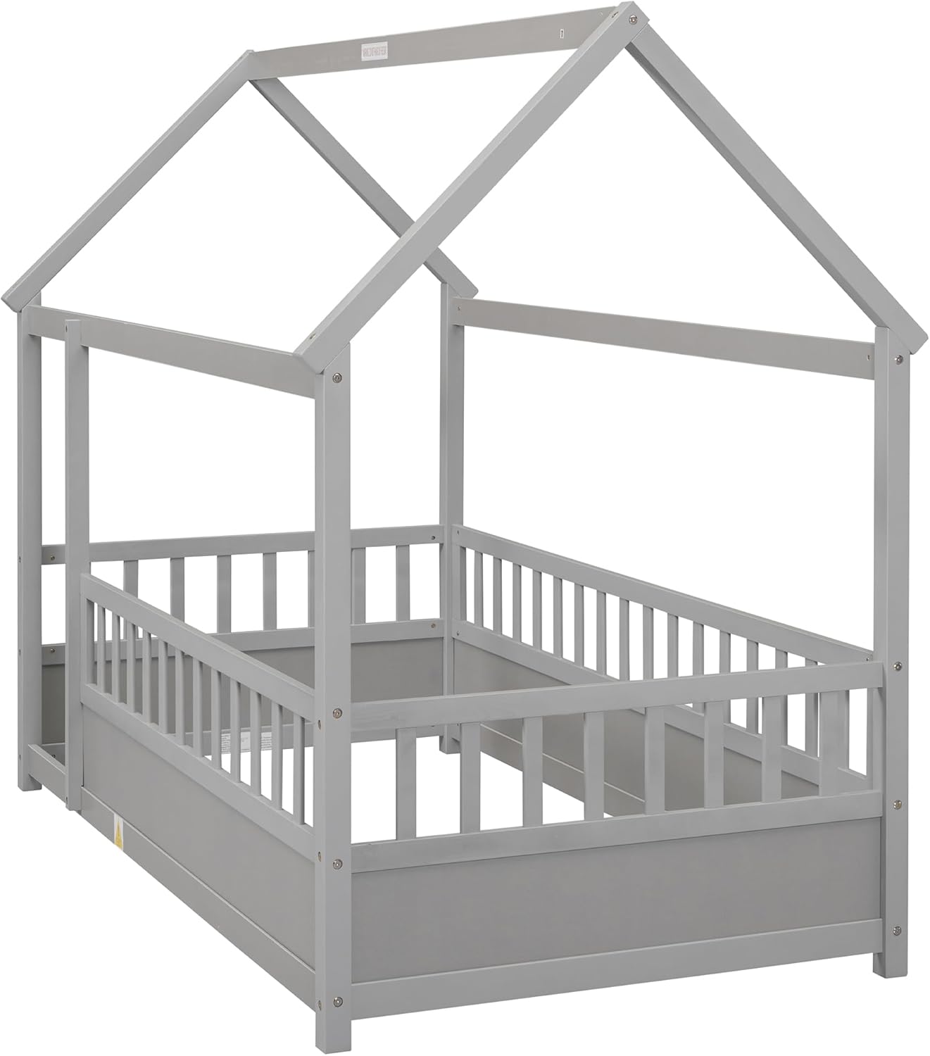 House Floor Bed Twin Size, Twin Montessori Floor Bed with High Fence, Twin Size House Bed for Kids, Girls, Boys(Twin Gray)