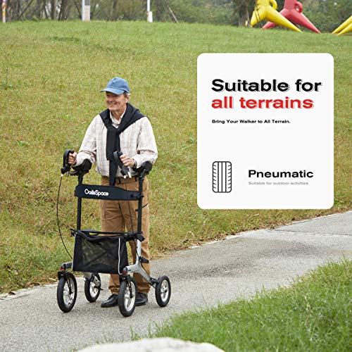 OasisSpace Upright Walker with 12” Pneumatic Wheel, All Terrain Up Rollator with Seat for Outdoor Use, Tall Armrest Rolling Walkerds Mobility Walking Aid with Pneumatic Tires for Seniors