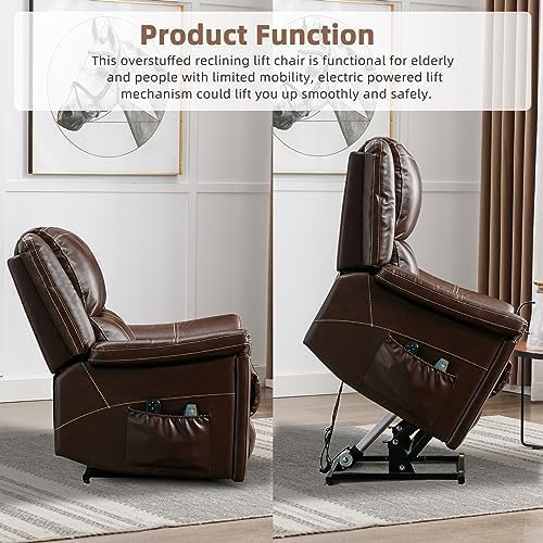 CANMOV Large Genuine Leather Power Lift Recliner Chair for Elderly, Lay Flat Dual Motor Recliner with Massage and Heated, Electric Lift Chair for Seniors with Cup Holders, Side Pocket, Dark Brown