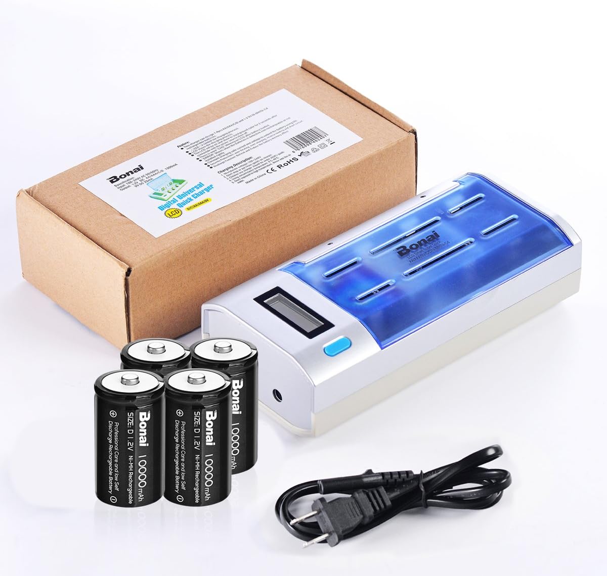 BONAI Rechargeable D Batteries with Charger LCD Smart Battery Charger for C D AA AAA 9V Ni-MH Ni-CD Rechargeable Batteries with 10000mAh Rechargeable D Cells (4 Counts) Pack of 2