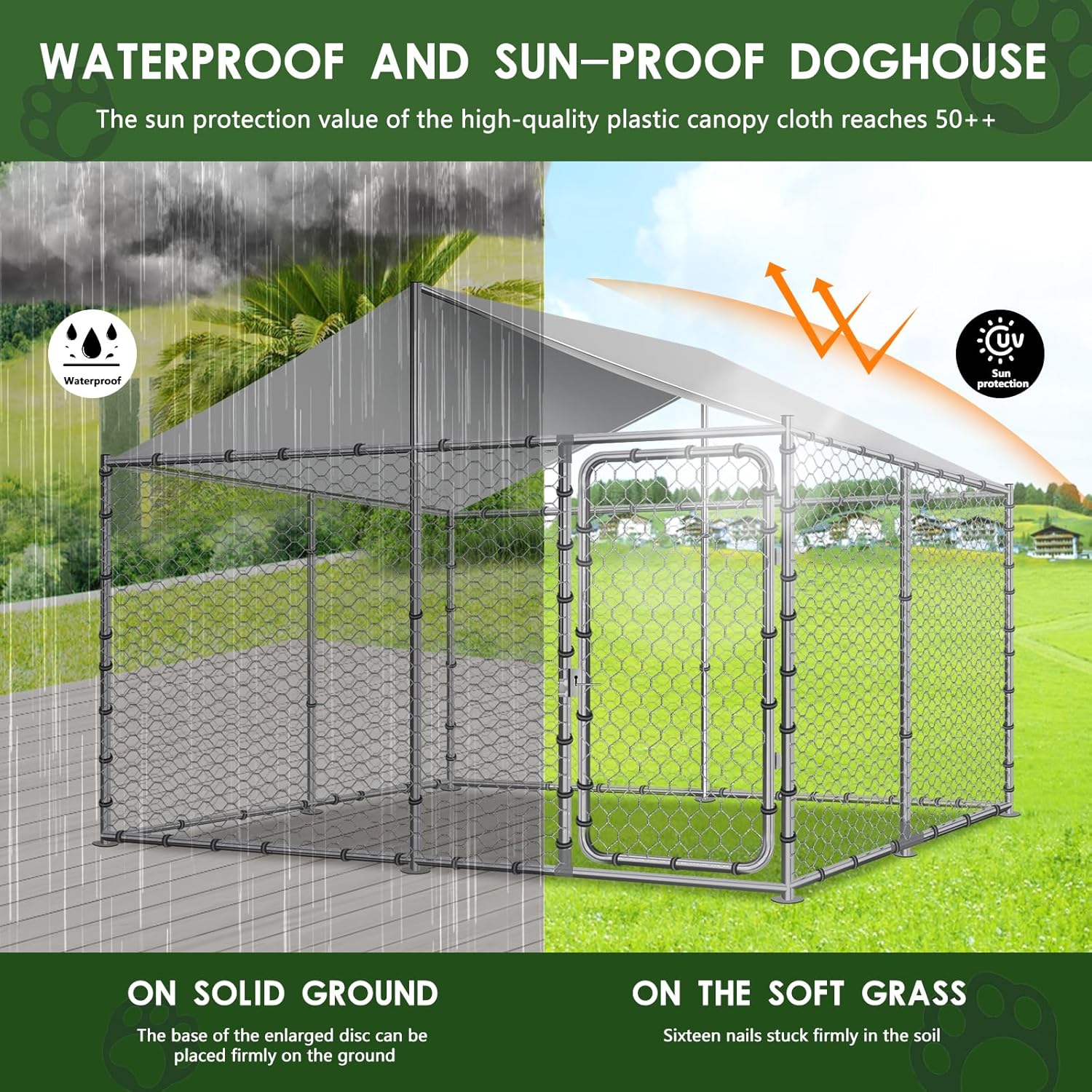 Heavy Duty Dog Cage Outdoor Dog Kennels Outside Pet Playpen for Dogs Outdoor Dog House with Water-Resistant Cover for Back or Front Yard (Silver, 90"x90"x63")
