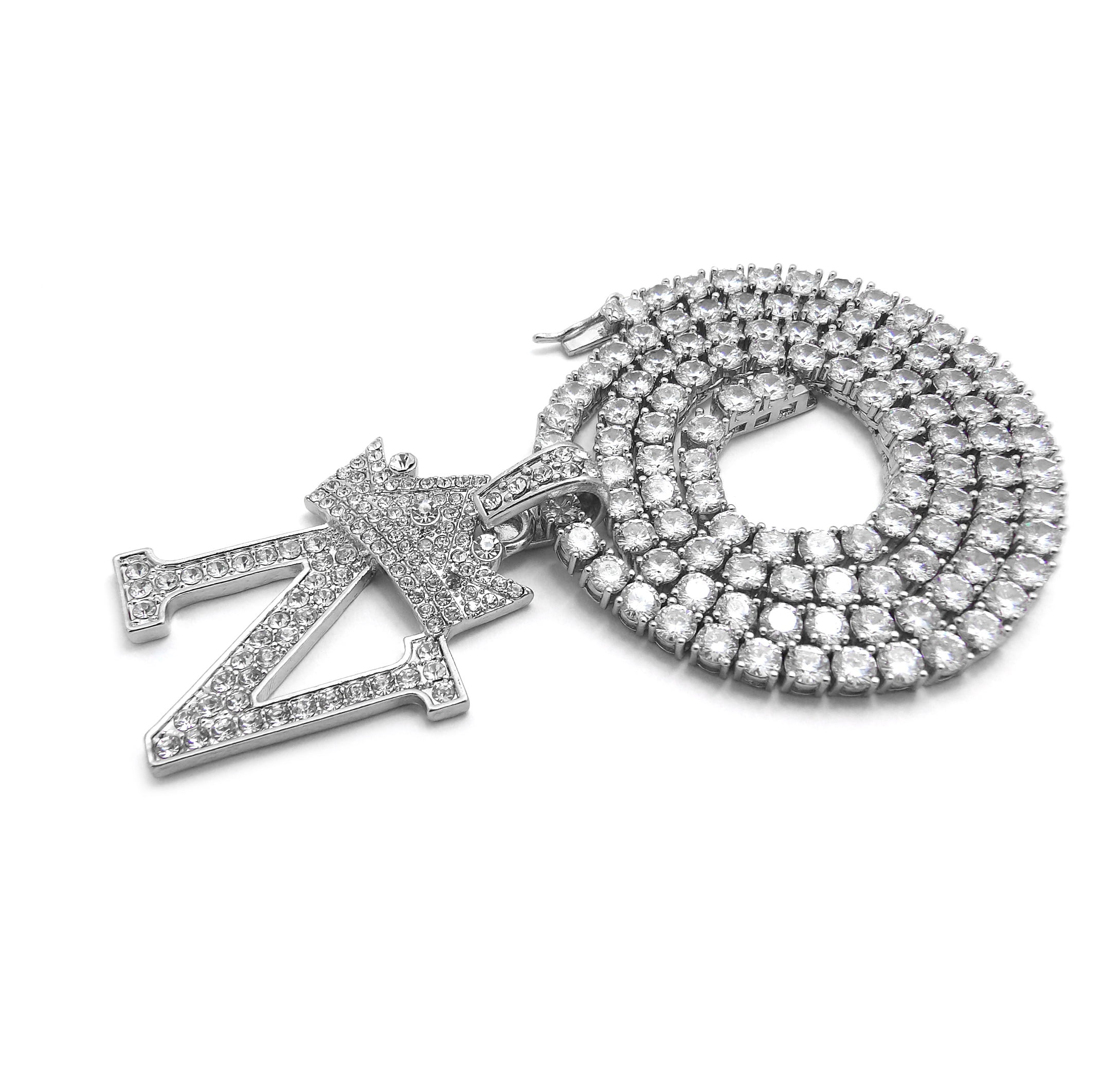 Iced Out Crown Initial Letter Pendant 4mm/18",20" Ice CZ Tennis Chain Hip Hop Necklace ( Silver N 20" )