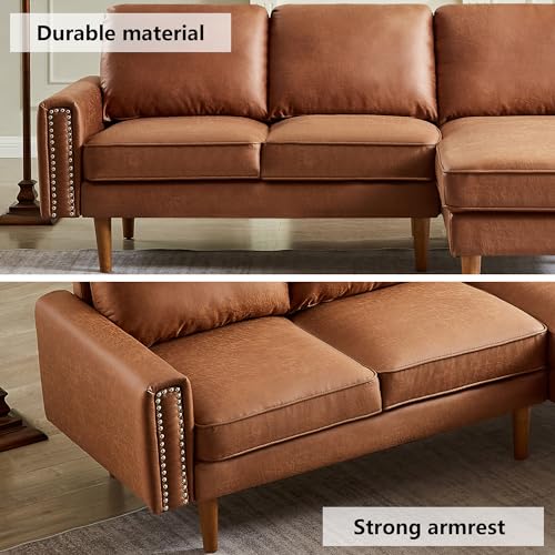 Setawix Convertible Sectional Sofa with Reversible Chaise L-Shaped Couch 3 Seat Suede Fabric Sofa with Recliner Modular Sofa Bed with Strong Wooden Leg for Living Room,Apartment,Small Spaces (Brown)