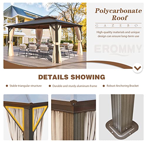 EROMMY 10' x 12' Hardtop Gazebo, Aluminum Frame Gazebos with Galvanized Steel Double Roof, Permanent Outdoor Metal Pavilion with Curtain and Netting for Patio, Lawn, Deck